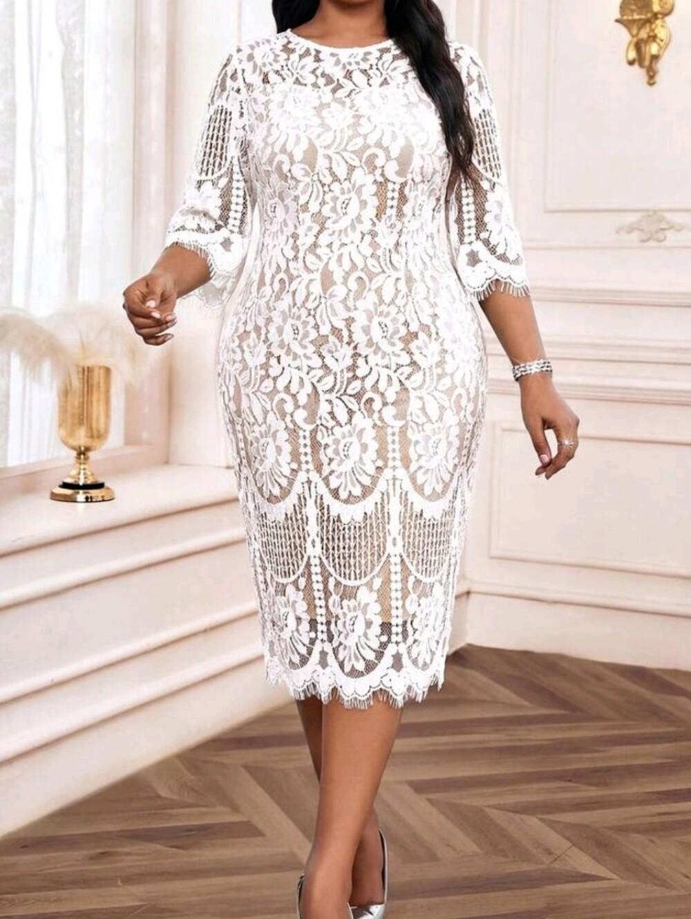 White Lace Midi Dress with Scalloped Hem PLUS SIZE - Picture 3 of 5